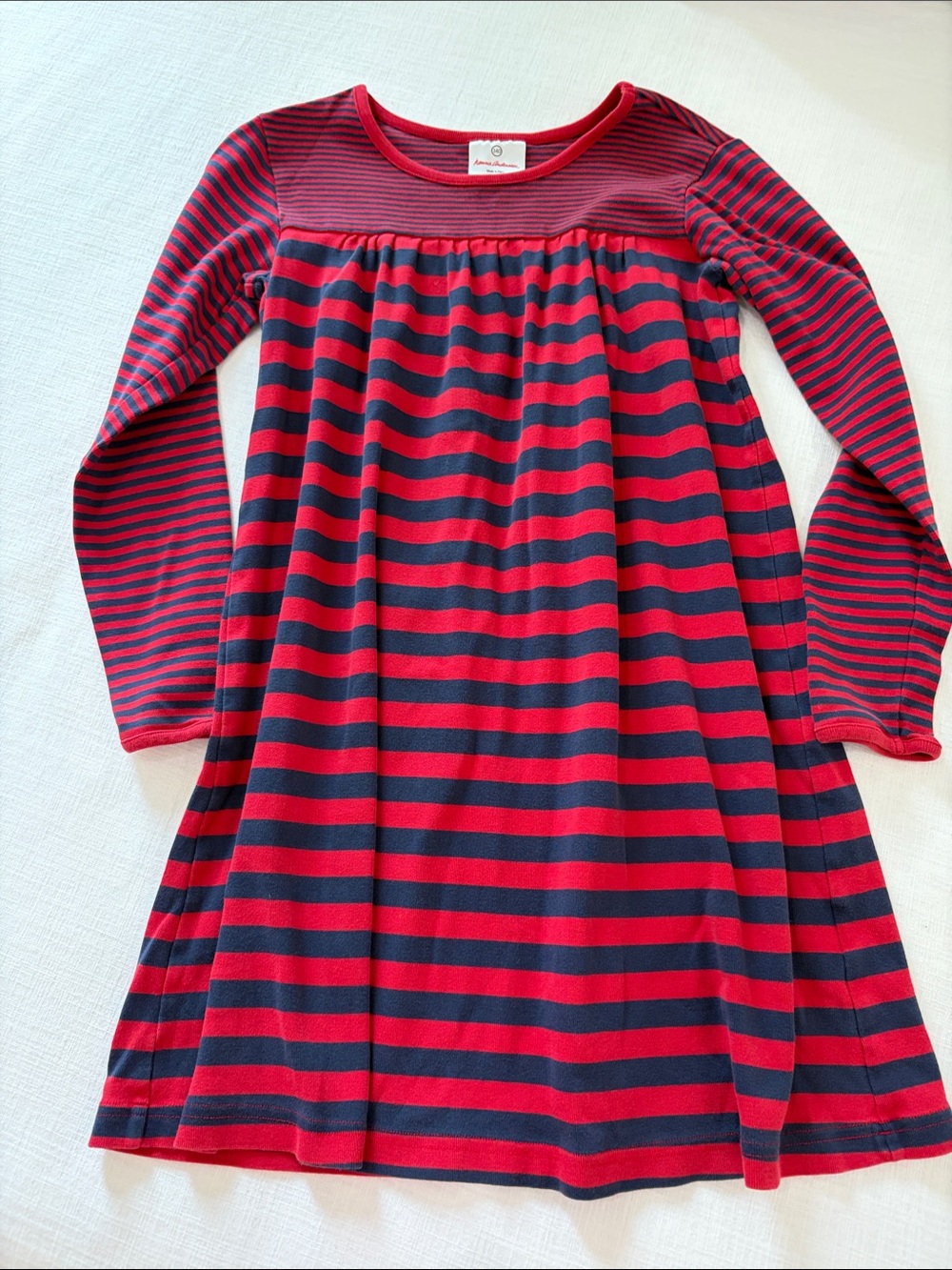 Hanna Andersson Red and Navy Striped Long-Sleeve Girls Dress 140cm size 10